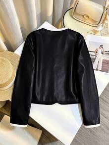 GlowEve CURVE Plus Size Spring/Autumn Casual Commuter Colorblock Trim Jacket Winter - Black and White - View 2