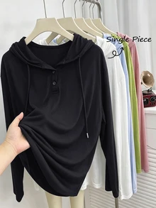GlowEve CURVE Plus Size Women's Casual Fashion V-Neck Hooded Sweatshirt Thin Style Suitable For Spring And Autumn - Black - View 3