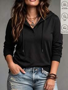 GlowEve CURVE Plus Size Women's Casual Fashion V-Neck Hooded Sweatshirt Thin Style Suitable For Spring And Autumn - Black - View 8