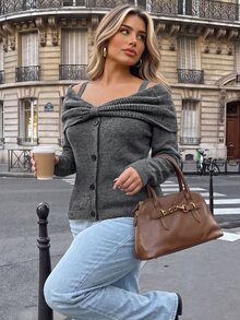 Vionelle Plus Size Off-Shoulder Knit Sweater, Women's Long Sleeve Front Large Bow Thin Strap Button-Down Loose Casual Elegant, Autumn/Winter Grey - Dark Grey - View 5