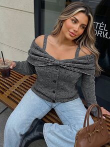 Vionelle Plus Size Off-Shoulder Knit Sweater, Women's Long Sleeve Front Large Bow Thin Strap Button-Down Loose Casual Elegant, Autumn/Winter Grey - Dark Grey - View 1