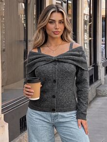 Vionelle Plus Size Off-Shoulder Knit Sweater, Women's Long Sleeve Front Large Bow Thin Strap Button-Down Loose Casual Elegant, Autumn/Winter Grey - Dark Grey - View 6