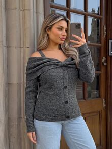 Vionelle Plus Size Off-Shoulder Knit Sweater, Women's Long Sleeve Front Large Bow Thin Strap Button-Down Loose Casual Elegant, Autumn/Winter Grey - Dark Grey - View 7