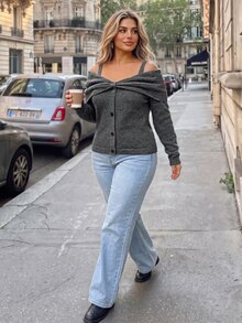 Vionelle Plus Size Off-Shoulder Knit Sweater, Women's Long Sleeve Front Large Bow Thin Strap Button-Down Loose Casual Elegant, Autumn/Winter Grey - Dark Grey - View 4