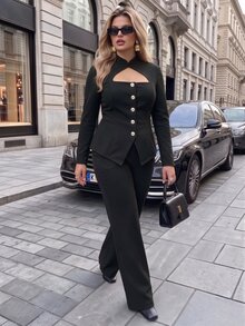 Vionelle Plus Size Knitted High Neck Triangle Collar Long Sleeve Cinched Waist A-Line Split Pants Straight Leg Casual Versatile Commute Office Suit Set - Black - View 5