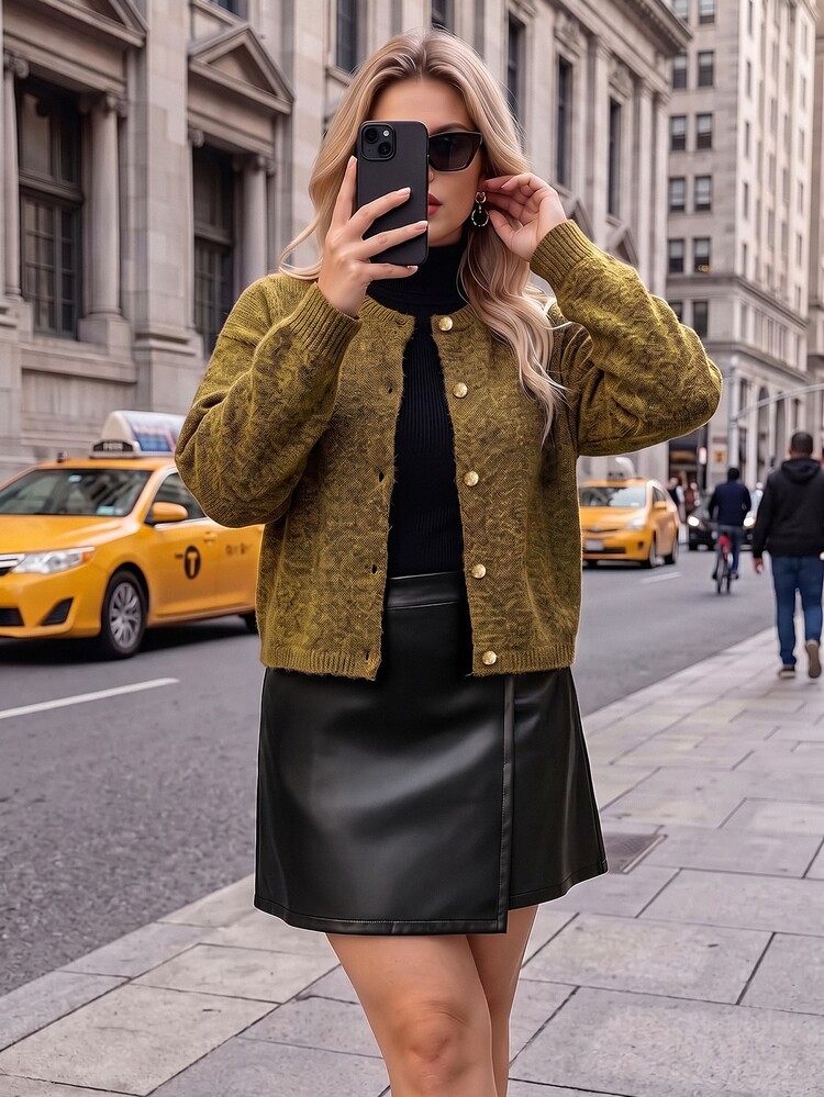 Vionelle Autumn/Winter Plus Size Solid Color Knit Cardigan, Women's Round Neck Gold Button Long Sleeve Loose Short Casual Knit Sweater Jacket - Mustard Yellow - View 5