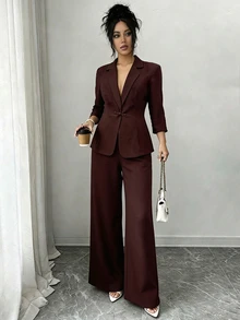 Elenzga 大尺碼女款優雅商務休閒翻領棕色盤扣寬鬆長袖西裝外套褲裝套裝 正式辦公夏季 - 棕色 - 查看 5