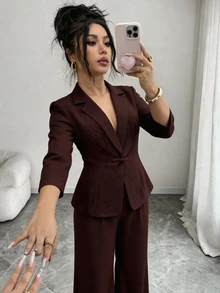 Elenzga 大尺碼女款優雅商務休閒翻領棕色盤扣寬鬆長袖西裝外套褲裝套裝 正式辦公夏季 - 棕色 - 查看 3