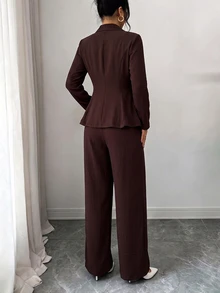 Elenzga 大尺碼女款優雅商務休閒翻領棕色盤扣寬鬆長袖西裝外套褲裝套裝 正式辦公夏季 - 棕色 - 查看 2
