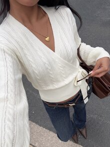 Autumina Cable Knit Knot Side Wrap Cardigan - White - View 3