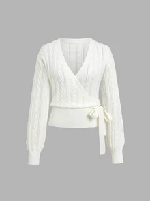 Autumina Cable Knit Knot Side Wrap Cardigan - White - View 1