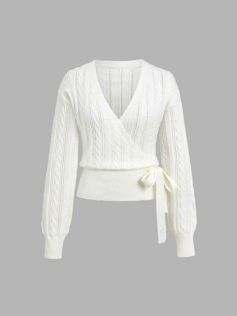 Autumina Cable Knit Knot Side Wrap Cardigan - White - View 1