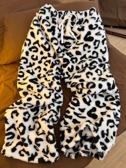 Elamini 2026 New Women's Fuzzy Pants, Casual Daily Wear, Home-Style Leopard Print, Y2K, Halloween