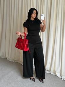 GalTyme Plus Size Women Solid Color Short Sleeve Top And Long Pants Casual Daily 2 Pieces Set - Black - View 3