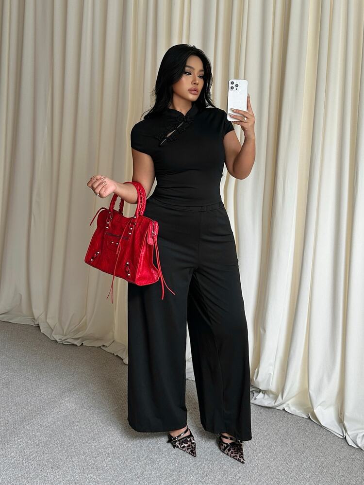GalTyme Plus Size Women Solid Color Short Sleeve Top And Long Pants Casual Daily 2 Pieces Set - Black - View 3