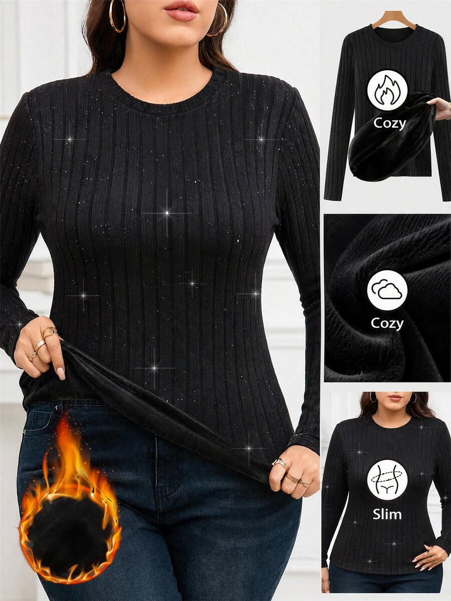 Chikora Autumn/Winter Black Long Sleeve Thermal Lined Plus Size Women's T-Shirt Party Office Smart Elegant Business Casual - Black - View 1