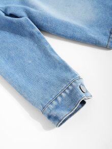SHEIN ملابس طفل صغير ولد من الدنيم: جاكيت مع تطريز دب كرتوني وبنطلون جينز مستقيم الساق. مناسب للربيع والخريف والشتاء - أزرق فاتح - مشاهدة 6