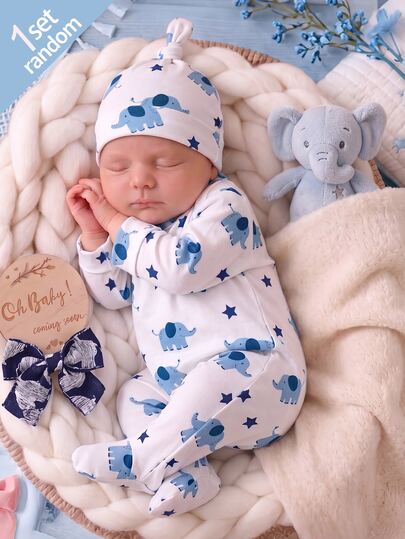 SHEIN Blue And White Elephant Star Print Footed Fall Autumn/Winter Romper Soft Long Sleeve Full Foot Pajamas Newborn Sleepwear Baby Shower