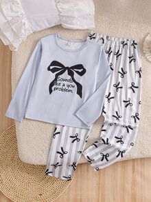 Genkimix Kids Girls' Light Purple Minimalist Bow Element Print Pattern Long Pants & Sleeve Casual 2 Pieces Loungewear Set Fall Autumn/Winter Soft Cozy Cute Indoor - Purple - View 7