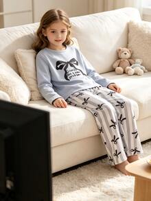 Genkimix Kids Girls' Light Purple Minimalist Bow Element Print Pattern Long Pants & Sleeve Casual 2 Pieces Loungewear Set Fall Autumn/Winter Soft Cozy Cute Indoor - Purple - View 8