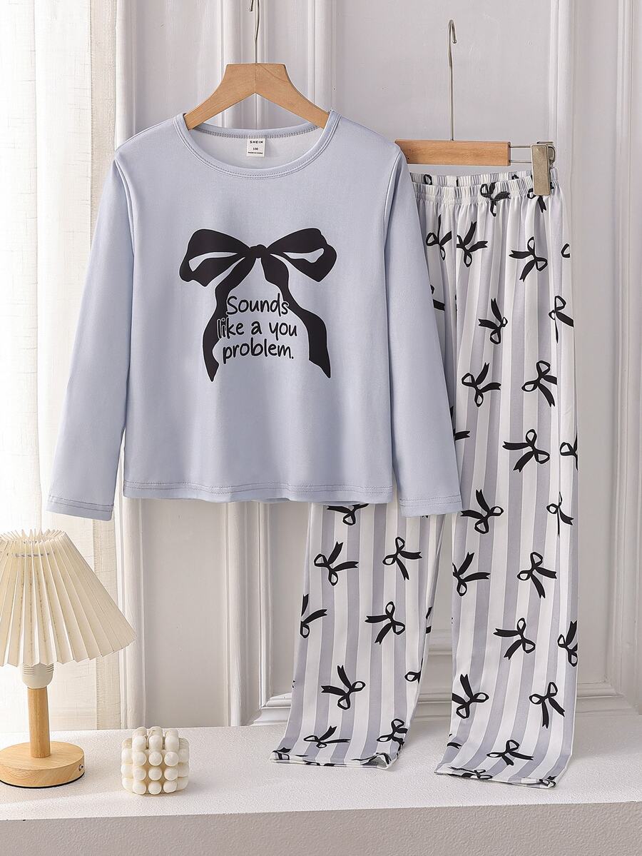 Genkimix Kids Girls' Light Purple Minimalist Bow Element Print Pattern Long Pants & Sleeve Casual 2 Pieces Loungewear Set Fall Autumn/Winter Soft Cozy Cute Indoor - Purple - View 1