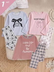 Genkimix Kids Girls' Light Purple Minimalist Bow Element Print Pattern Long Pants & Sleeve Casual 2 Pieces Loungewear Set Fall Autumn/Winter Soft Cozy Cute Indoor - Purple - View 5