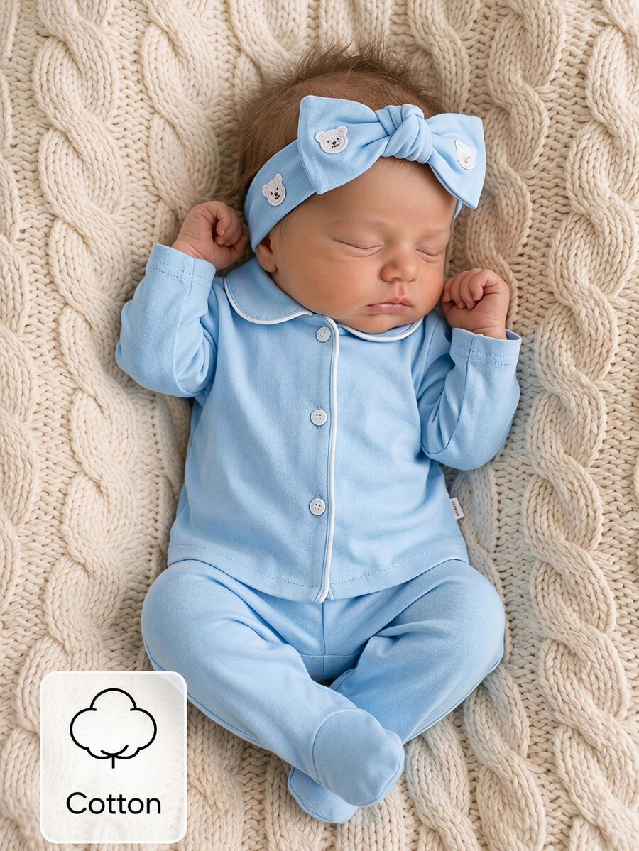 Spring Autumn Winter Newborn Home Wear Blue Simple Cute Peter Pan Collar Cardigan Long Sleeve Top With Footed Pants Set, Soft And Comfortable, The Best Gift For Newborns - Blue - View 1