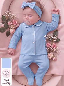 Spring Autumn Winter Newborn Home Wear Blue Simple Cute Peter Pan Collar Cardigan Long Sleeve Top With Footed Pants Set, Soft And Comfortable, The Best Gift For Newborns - Blue - View 10