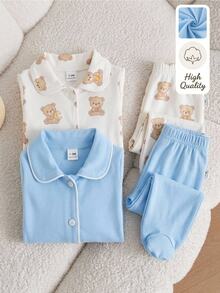 Spring Autumn Winter Newborn Home Wear Blue Simple Cute Peter Pan Collar Cardigan Long Sleeve Top With Footed Pants Set, Soft And Comfortable, The Best Gift For Newborns - Blue - View 11