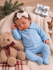 Spring Autumn Winter Newborn Home Wear Blue Simple Cute Peter Pan Collar Cardigan Long Sleeve Top With Footed Pants Set, Soft And Comfortable, The Best Gift For Newborns - Blue - View 6