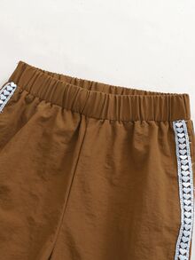 SHEIN Genkimix Kids 2件組女童秋季防風外套套裝，蝴蝶結刺繡織帶裝飾立領拉鍊夾克配長褲，適用萬聖節/派對/節日 - 棕色 - 查看 8