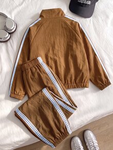 SHEIN Genkimix Kids 2件組女童秋季防風外套套裝，蝴蝶結刺繡織帶裝飾立領拉鍊夾克配長褲，適用萬聖節/派對/節日 - 棕色 - 查看 2