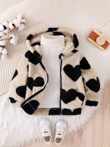 SHEIN Elladie kids 女童秋冬 4-7歲可愛愛心圖案毛茸茸連帽拉鍊外套大衣，日常休閒可愛秋季外套 - 杏色 - 查看 5