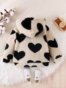 SHEIN Elladie kids 女童秋冬 4-7歲可愛愛心圖案毛茸茸連帽拉鍊外套大衣，日常休閒可愛秋季外套 - 杏色 - 查看 2