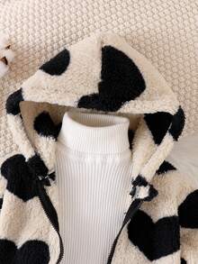 SHEIN Elladie kids 女童秋冬 4-7歲可愛愛心圖案毛茸茸連帽拉鍊外套大衣，日常休閒可愛秋季外套 - 杏色 - 查看 9
