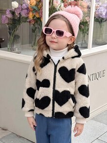 SHEIN Elladie kids 女童秋冬 4-7歲可愛愛心圖案毛茸茸連帽拉鍊外套大衣，日常休閒可愛秋季外套 - 杏色 - 查看 4
