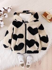 SHEIN Elladie kids 女童秋冬 4-7歲可愛愛心圖案毛茸茸連帽拉鍊外套大衣，日常休閒可愛秋季外套 - 杏色 - 查看 3