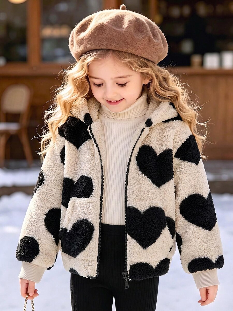 SHEIN Elladie kids 女童秋冬 4-7歲可愛愛心圖案毛茸茸連帽拉鍊外套大衣,日常休閒可愛秋季外套 - 杏色 - 查看 1
