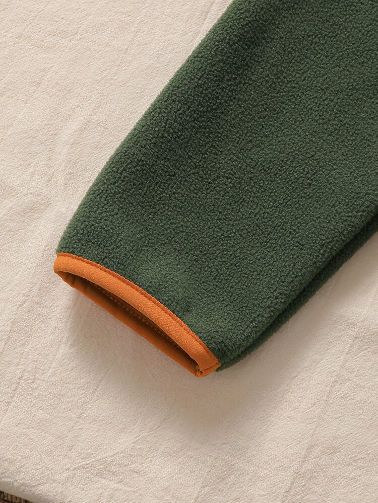 Boys Light Green Textured Stand Collar Sweatshirt Long Sleeve Half Button Front Cute Design - Army Green - View 6