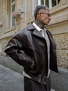 Artur Kramer 1件男士棕色时尚轻便宽松复古美式摩托车PU皮翻领夹克 - 棕色 - 查看 5