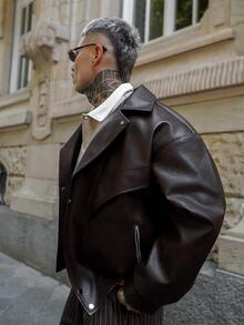 Artur Kramer 1件男士棕色时尚轻便宽松复古美式摩托车PU皮翻领夹克 - 棕色 - 查看 4