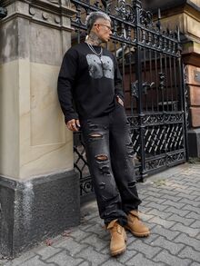 Artur Kramer 复古美式街头风做旧拼接宽松阔腿牛仔裤，男士休闲直筒牛仔裤 - 黑色 - 查看 3