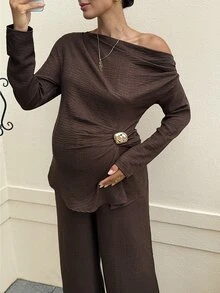 MaterniWear Maternity Metal Decor Pleated Top And Adjustable Waist Long Pants 2 Pieces Set Fall - Brown - View 5