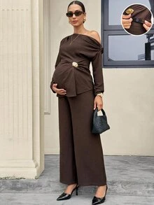 MaterniWear Maternity Metal Decor Pleated Top And Adjustable Waist Long Pants 2 Pieces Set Fall - Brown - View 2