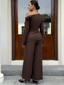 MaterniWear Maternity Metal Decor Pleated Top And Adjustable Waist Long Pants 2 Pieces Set Fall - Brown - View 8