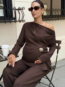 MaterniWear Maternity Metal Decor Pleated Top And Adjustable Waist Long Pants 2 Pieces Set Fall - Brown - View 4