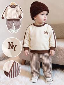 Souflis Souflis 2pcs Setelan Sweatshirt dan Celana Anak Laki-laki Balita Gaya Preppy Lucu Warna Beige Cokelat dengan Cetakan Huruf dan Garis-garis Lengan Panjang Leher Bulat untuk Liburan Musim Gugur - MultiWarna - View 3