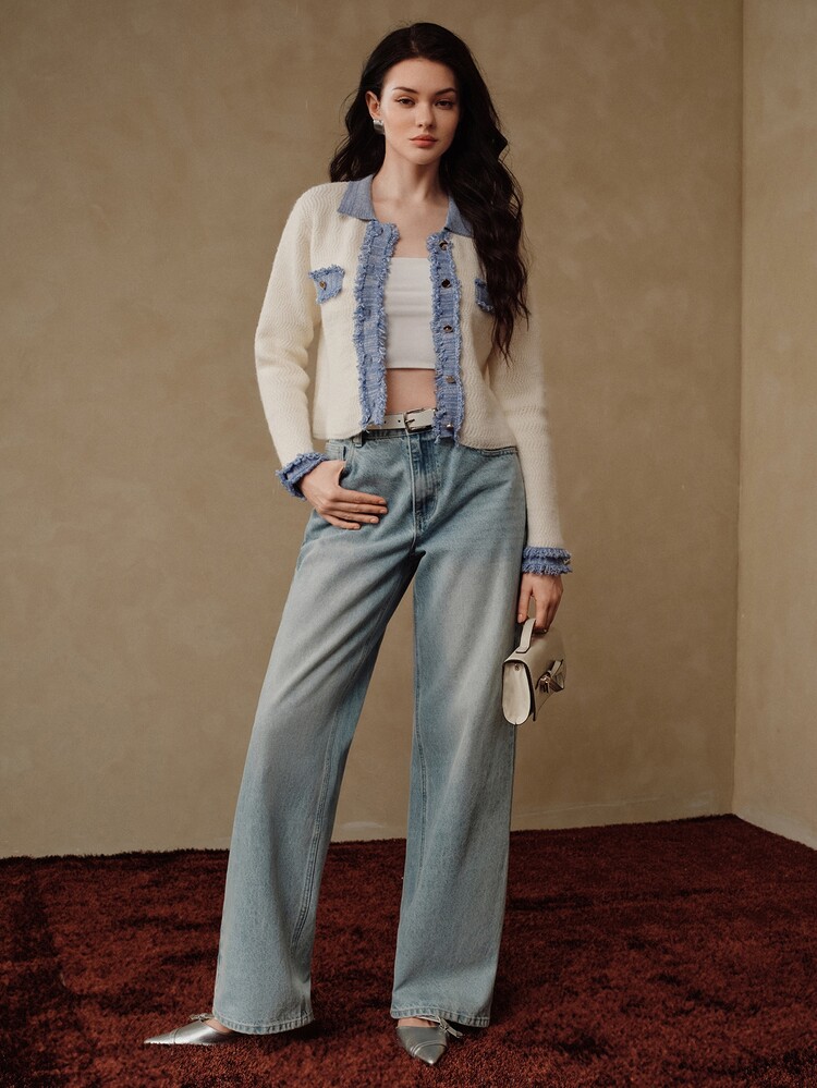 Anewsta Cardigan Rajut Wanita Musim Gugur/Dingin dengan Desain Patchwork Kerah Efek Denim, Jaket Sweater untuk Komuter - Putih - View 5
