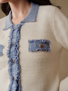 Anewsta Women's Autumn/Winter Knitted Cardigan With Denim Effect Lapel Patchwork Design, Commuter Sweater Jacket - White - View 2