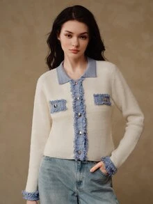 Anewsta Women's Autumn/Winter Knitted Cardigan With Denim Effect Lapel Patchwork Design, Commuter Sweater Jacket - White - View 1